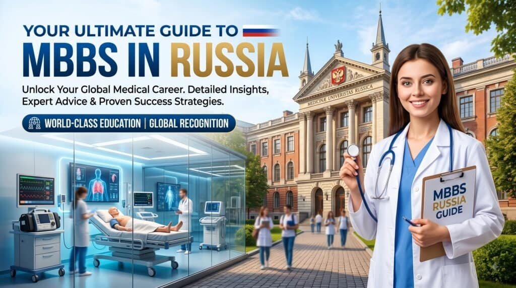 Your Ultimate Guide to study MBBS in Russia 2026 banner featuring a female medical student holding a stethoscope and clipboard in front of a university building and simulation lab